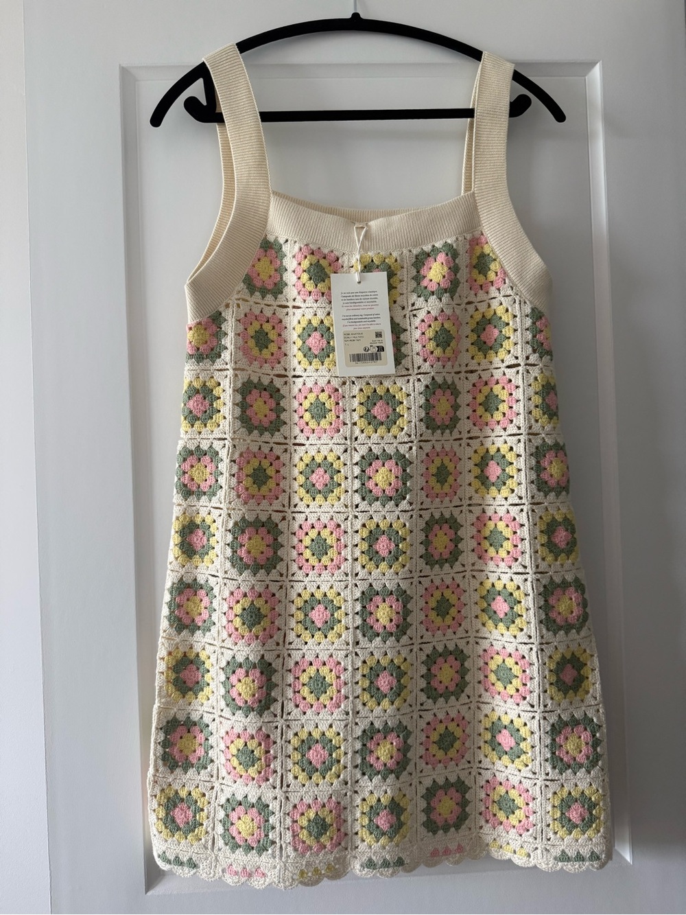 Sezane Crochet Mini Dress in Cream, Pink, Green, Yellow